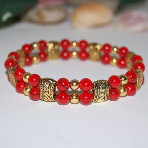 Red Howlite Bracelet,Double Beaded Bracelet,Red and Gold Bracelet